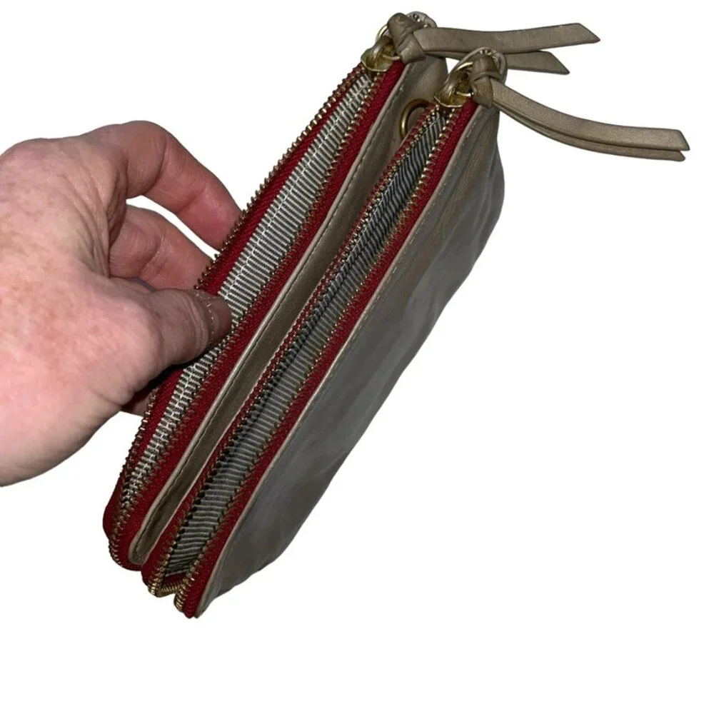 steven allen khaki leather striped lining zipper pouch pockets wallet bag